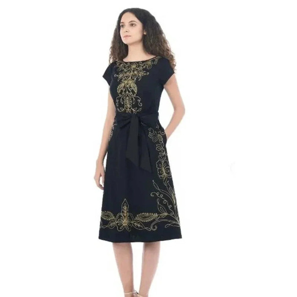 eShakti Size S Black Filigree Embellished Poplin Midi Dress - Picture 2 of 8